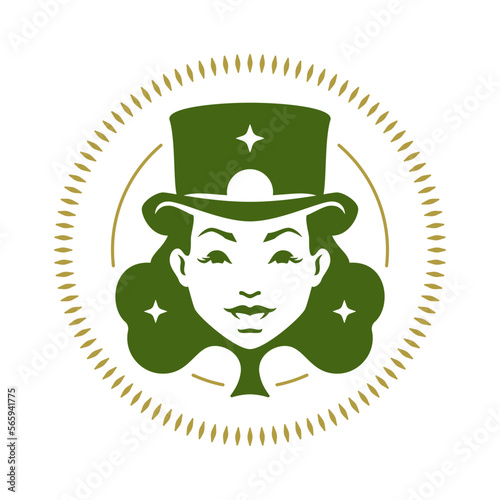 St Patrick's Day Irish woman leprechaun clover shamrock hair hat portrait vintage icon vector flat