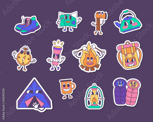 set of sticker travel for design , retro camping sticker pack, cute mascot	
