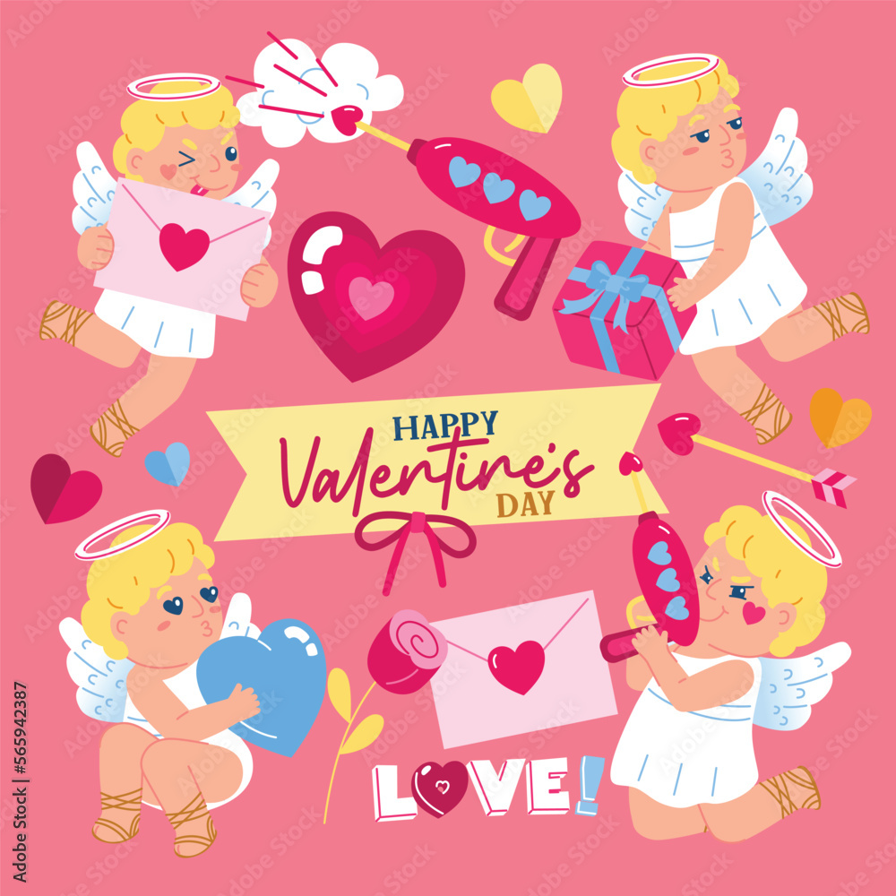 Cute Cupid Character With Gun Arrow, Vector, Illustration Cute Cupid Character With Gun Arrow, Vector, Illustration