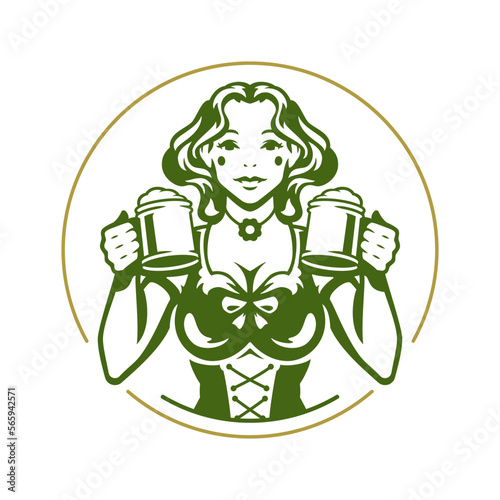 St Patrick's Day Irish pub bar woman with beer mug cheers feast round frame vintage icon vector flat