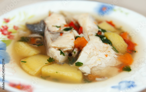 Fisherman's lunch. Lots of fish in soup with vegetables. Traditional dishes brewed outdoors