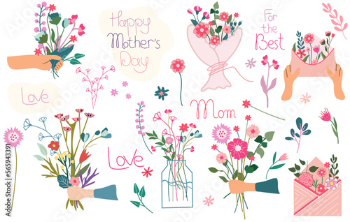 Happy mother's day.Illustration with a bouquet of flowers in hands, inscriptions for Mother's Day, bright flowers in a jar, an envelope, etc.Floral postcards for celebrating Mother's Day, spring, etc