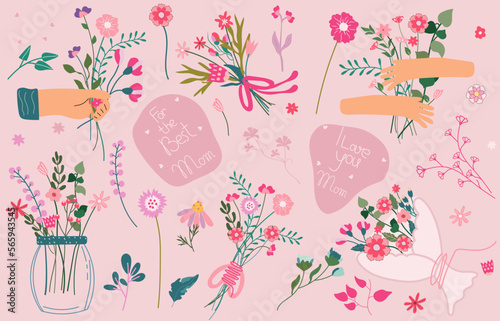Happy mother's day. Illustration with a bouquet of flowers in hands, inscriptions for Mother's Day, bright flowers in a jar, leaves, etc. Floral postcards for celebrating Mother's Day, spring, etc. 