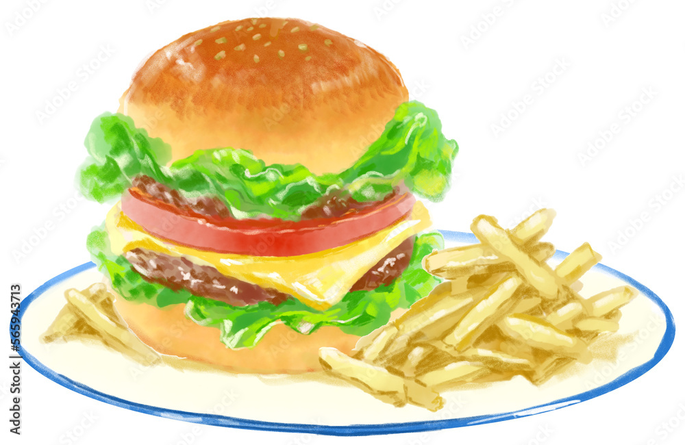 おいしそうなハンバーガーとポテトの水彩イラスト おいしそうなハンバーガーとポテトの水彩イラスト