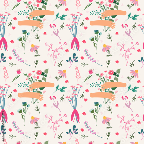 Seamless pattern with a hand holding a bouquet of wild flowers, berries, leaves. Floral pattern can be used as textile, fabric, wallpaper, banner, etc. Vector