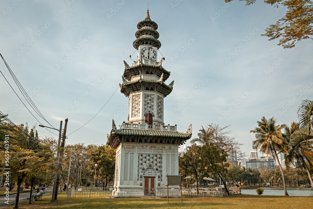 Chinese Clock tower in Lumphini park in Bangkok, Thailand