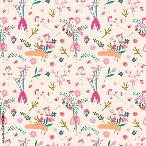 Seamless pattern with a hand holding a bouquet of wild flowers, berries, leaves. Floral pattern can be used as textile, fabric, wallpaper, banner, etc. Vector