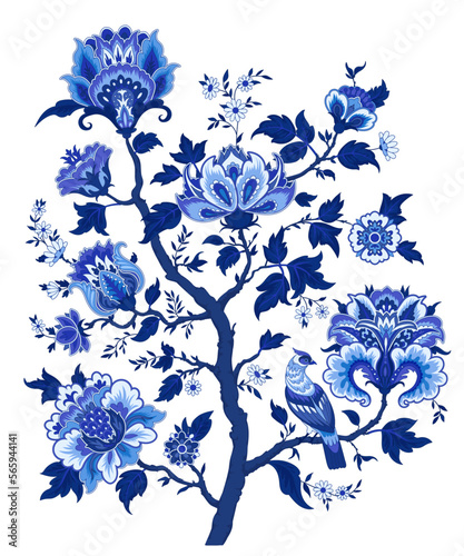 Traditional Indian motif , decorative flowers ,leaves and bird on tree. Vector paisley photo