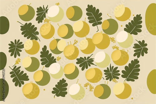  a picture of a bunch of lemons and leaves on a table cloth with a yellow background and green leaves on the top of the picture.  generative ai