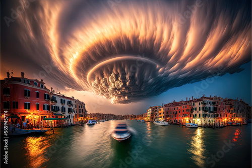 Storm clouds over a canal in Venice, Italy. Long exposure photography of boats. Generative AI
