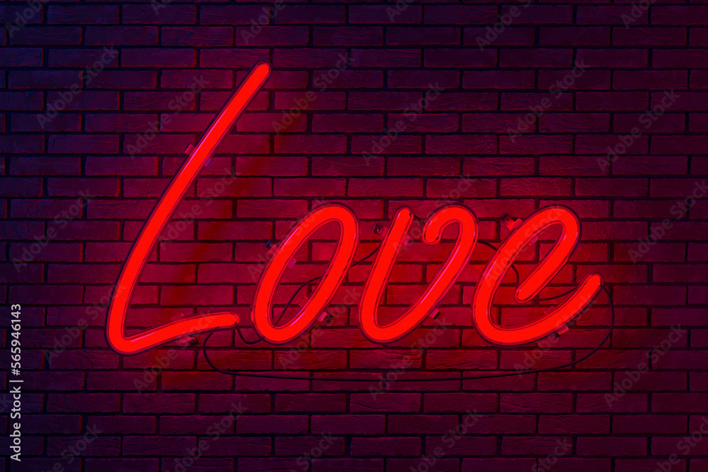 Fototapeta premium On the brick wall is a glowing red neon sign with the inscription love. Loft interior style. 3d rendering.