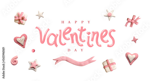 Poster or banner with gift boxes, stars and plasticine hearts on a white background. Promotion template or background for love and valentine's day concept. 3D illustration, cute dough shape.