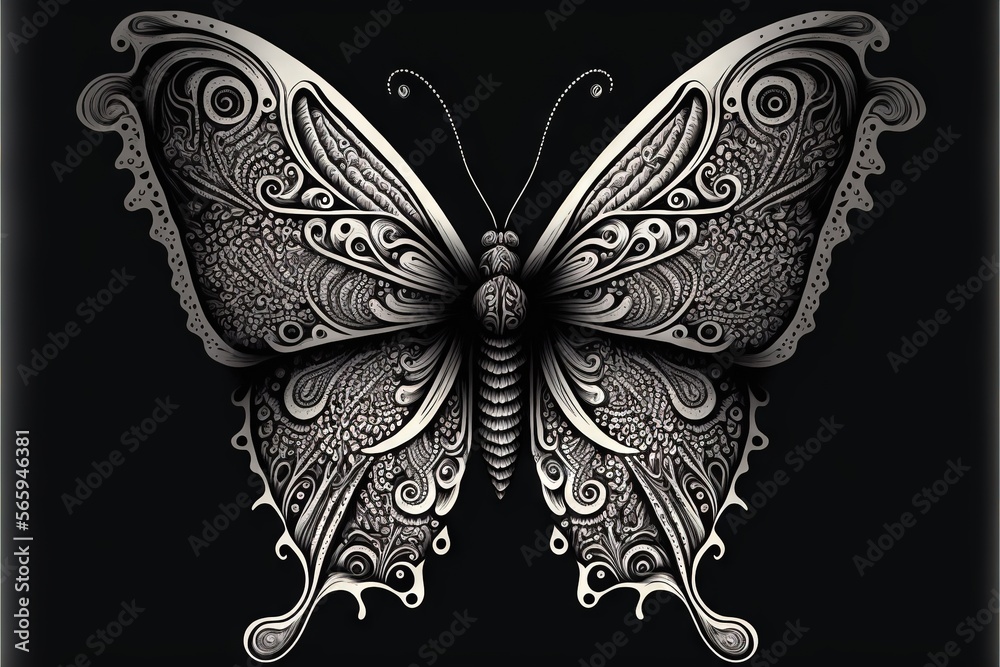 a butterfly with intricate patterns on it's wings, on a black background, with a white outline on the wings and a black background. generative ai a butterfly with intricate patterns on it's wings, on a black background, with a white outline on the wings and a black background. generative ai