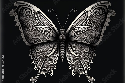  a butterfly with intricate patterns on it's wings, on a black background, with a white outline on the wings and a black background. generative ai