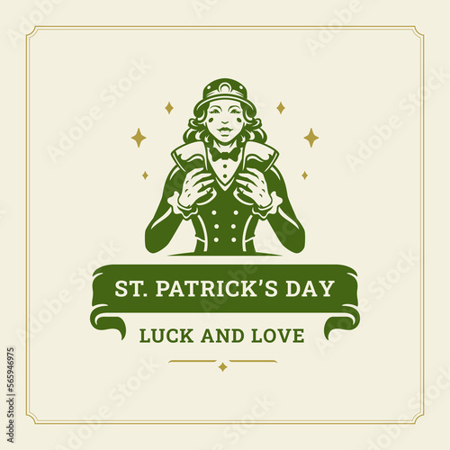 Saint Patrick's Day Irish woman leprechaun beer vintage greeting card typographic vector flat