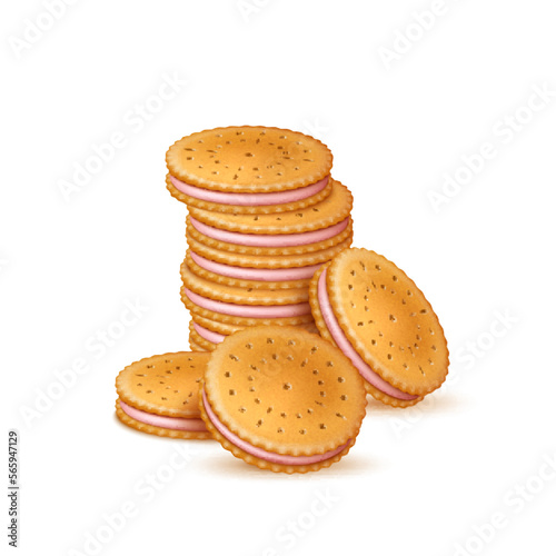 Crackers stack. Realistic sweet sandwich crackers with pink cream layer, strawberry flavor biscuits, crispy pastries, sugar snack, 3d isolated composition, utter vector concept