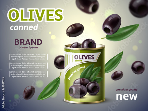 Realistic canned olives. Natural italian product, greek pickled falling vegetables, tin can, flying leaves and black eco olives, promotional advertisement banner, utter vector 3d concept