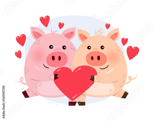 Cute pig couple in love. Design of animal characters with hearts for Valentine’s Day. Vector illustration