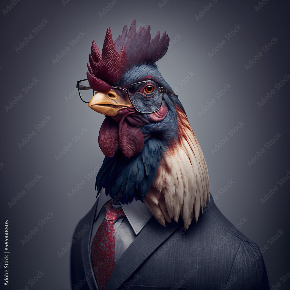 Portrait of a rooster dressed in a strict business suit, ai