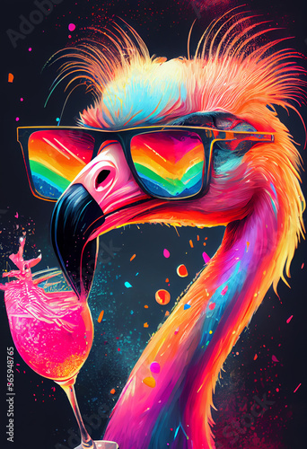 Flamingo Vogel mit Brille und Drink auf Party in Partystimmung. Generative Ai. photo
