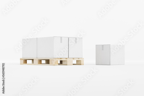 Pallet with stack of carton boxes on isolated background 3d render