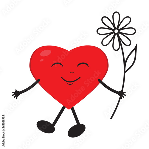 Cartoon character heart with flower, vector isolated illustration