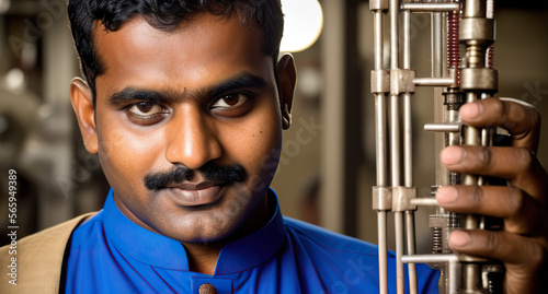 Indian man as a Electro-mechanical technician hands on metal mustache close up portrait generative ai photo