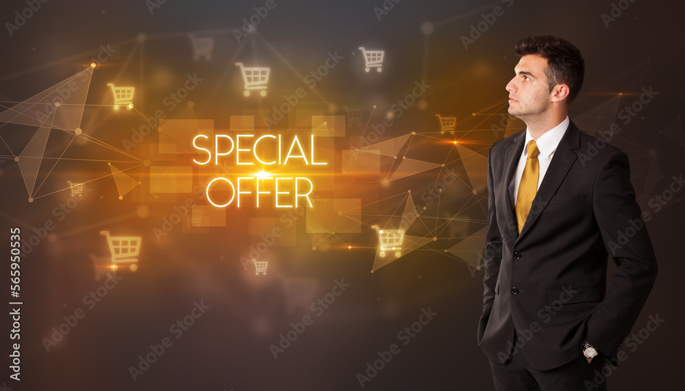 Businessman thinking about shopping concept Businessman thinking about shopping concept