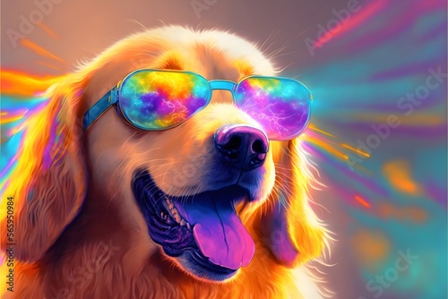 Happy Golden Retriever dog with sunglasses on a colorful background. Generative AI