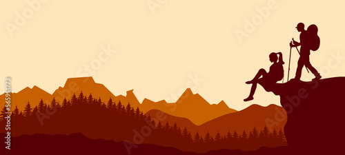 Landscape background banner panorama illustration vector drawing - View with black silhouette of mountains, hills, forest trees firs and two hikers ( woman and man hiking ) on rock