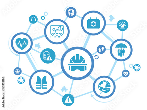 Health Safety and Environment Icon Set and Web Header Banner. icons related to industrial accident prevention, workplace safety training, industrial regulations, hazard warning, protective equipment.