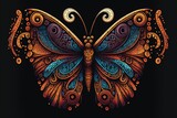  a colorful butterfly with intricate patterns on it's wings and wings, on a black background, with a black background and a black background.  generative ai