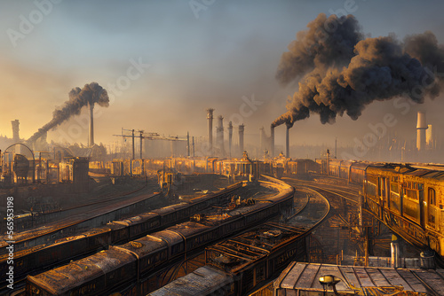 Steampunk City With Industries and Trains 0- Background for Level Design, RPG and Indie Games (AI) photo