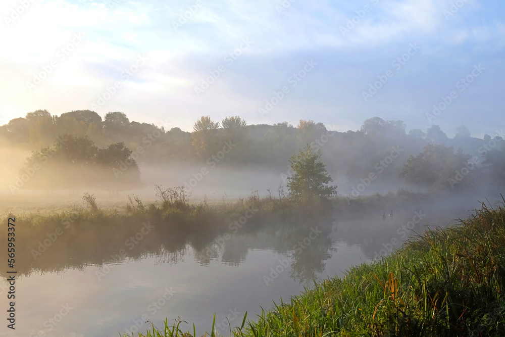 Mist over the meadows of the River Wey, Guildford, Surrey, UK