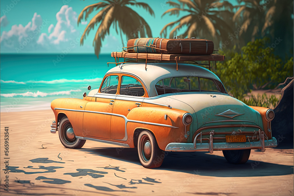 old vintage car on the beach with a water skateboard, a Beautiful palms, Generative Ai,  