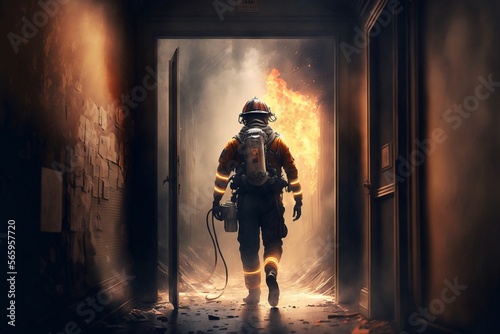 Sapeur pompier dans un couloir d'immeuble avec de la fumée - illustration ia