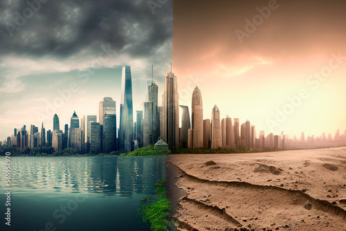 Effects produced by climate change. Photomontage of a city to see the before and after problems with global warming. Impact, risk, ecosystem, environmental, destruction. Generative AI. #565957970