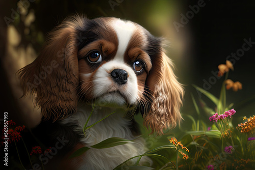 Cavalier King Charlses Spaniel puppy, in the garden, Generative AI