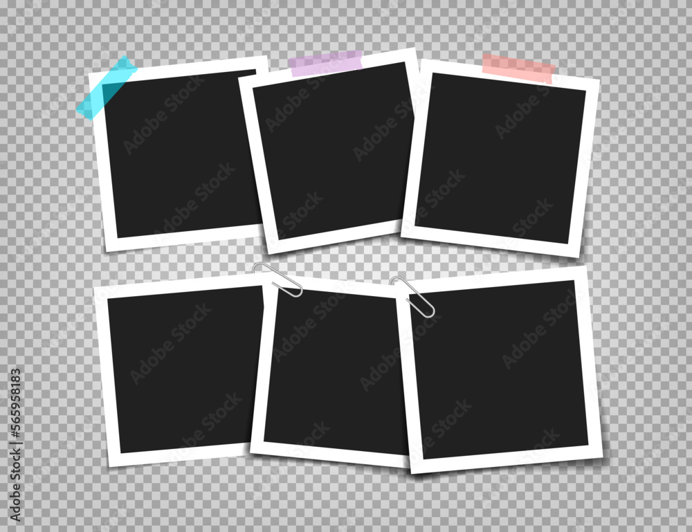 Photo frame with adhesive tape of different colors and paper clip. Photo realistic vector makeup of different size on transparent background. Photo frame with adhesive tape of different colors and paper clip. Photo realistic vector makeup of different size on transparent background.
