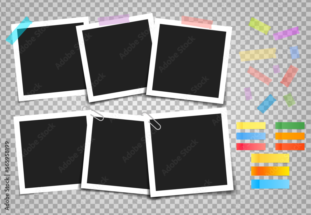 Photo frame with adhesive tape of different colors and paper clip. Photo realistic vector makeup of different size on transparent background. Photo frame with adhesive tape of different colors and paper clip. Photo realistic vector makeup of different size on transparent background.
