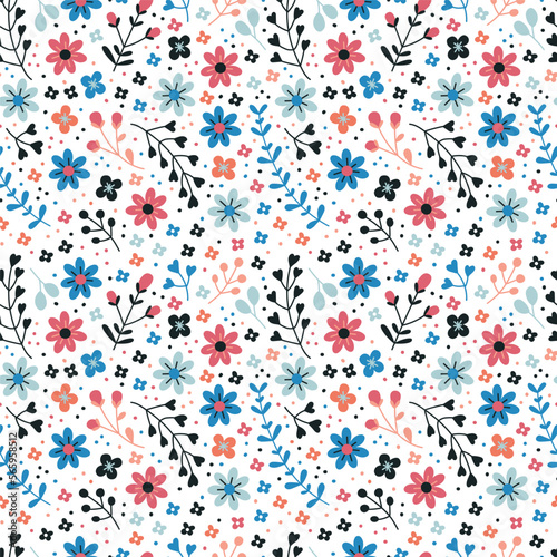 Seamless vector pattern with cute little flowers and twigs on a white background in a rustic style. Retro style ornament with abstract colors for textiles
