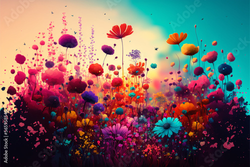 Colorful abstract flower meadow illustration. Generative AI