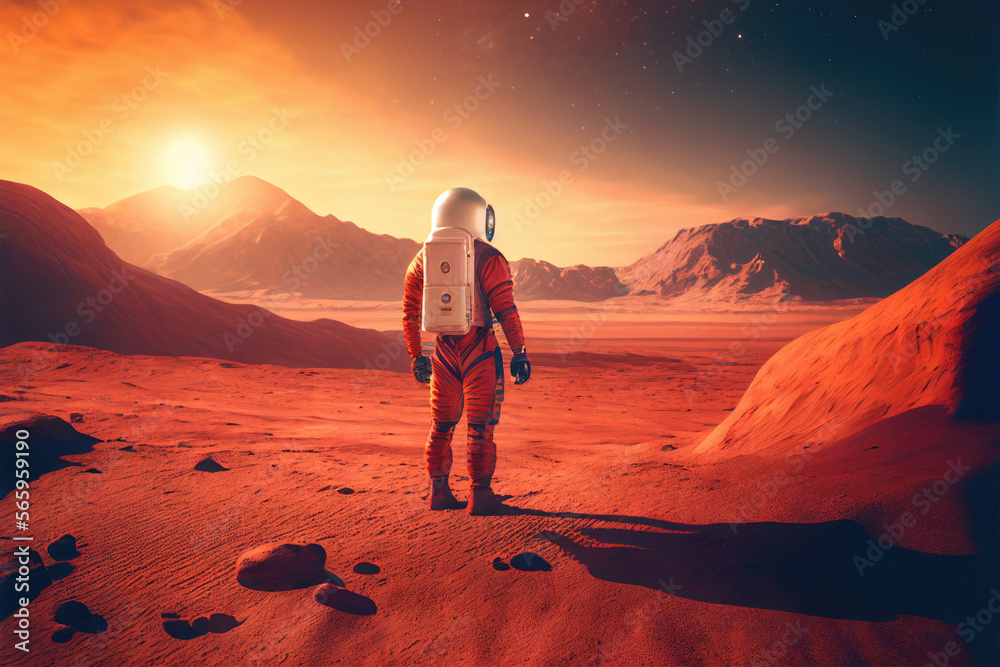 Alone astronaut in space suit on surface of red planet. Space exploration, colonization of new planets and space achievements of mankind. Created with generative ai Alone astronaut in space suit on surface of red planet. Space exploration, colonization of new planets and space achievements of mankind. Created with generative ai