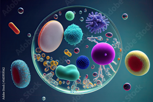 Macro shot of different types of microbes. Virus cells and bacteria on abstract background. Created with generative ai photo