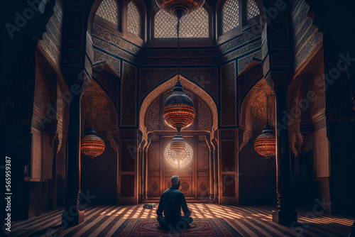 The serenity of a Muslim praying in a mosque during Ramadan, brought to life through Generative AI