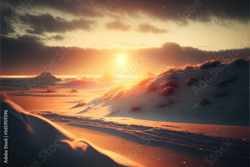 winter landscape at sunset. Generative AI
