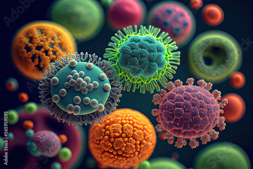 Macro shot of different types of microbes. Virus cells and bacteria on abstract background. Created with generative ai