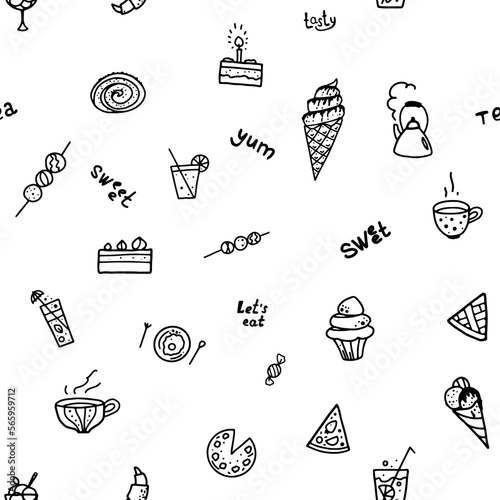 Vector pattern about food. Hot breakfasts, cold treats and drinks. Seamless image on a transparent background.