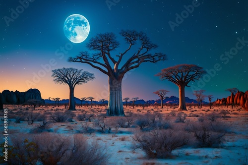 Leinwand Poster View of eternal field of baobab trees with blue hills in the distance at sunset, incandescent moon and stars in the sky
