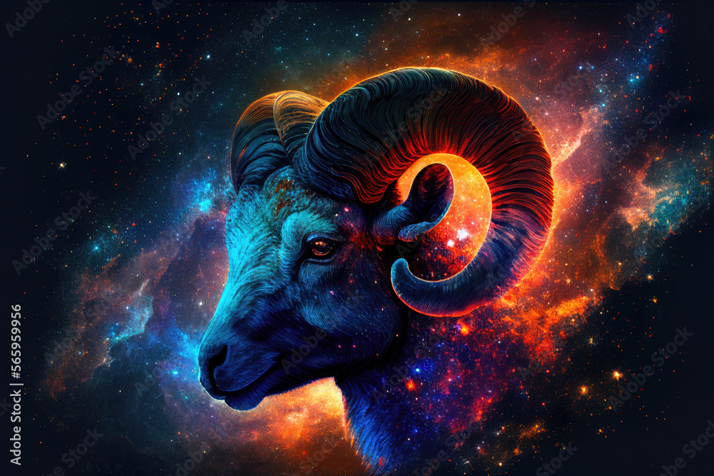 Aries zodiac sign against space nebula background. Astrology calendar. Esoteric horoscope and fortune telling concept. Created with Generative AI - obrazy, fototapety, plakaty 